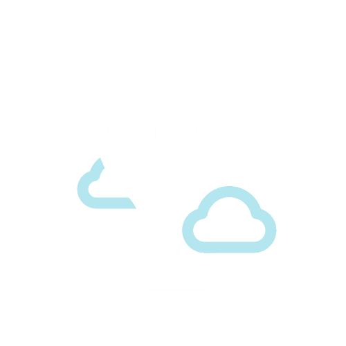 Illustration of a hot air balloon with two clouds, outlined in white and light blue on a black background.