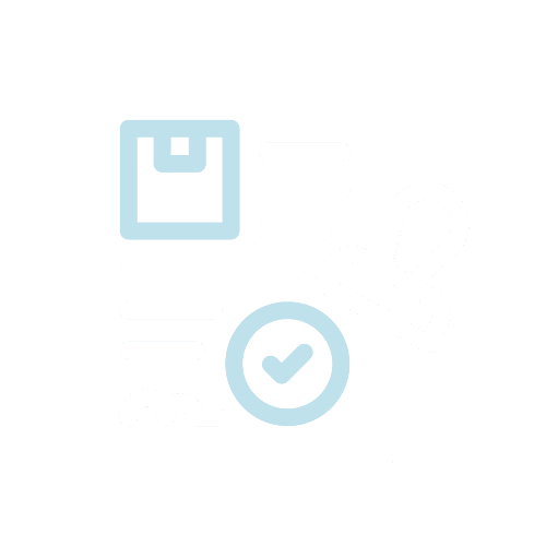 Simplified icon of a document with lines, a package symbol, a check mark circle, and a stamp, all in light blue on a black background.