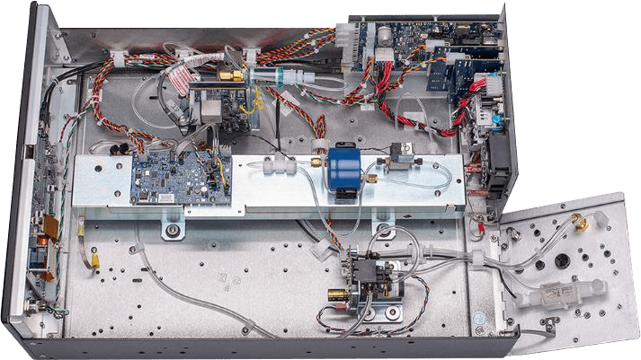 Ozone-Analyzer Interior view of an electronic device showing circuit boards, wiring, and components.