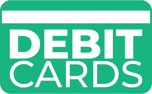 Debit-cards Green sign with white text reading DEBIT CARDS and an abstract white rectangular line above the text.
