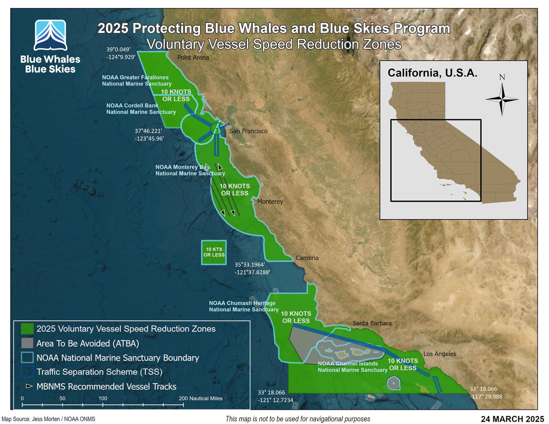 BWBS-2025-Zones-Map-V3 Map showing the 2025 vessel speed reduction zone off Southern California to protect blue whales and reduce air pollution. Includes sanctuary areas, speed limits and relevant coordinates.